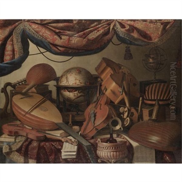 A Still Life With Musical Instruments Including A Viola, A Violin, A Cello And A Selection Of Lutes, Along With A Globe And Tomes Of Classical Literature - view 1