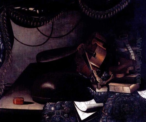 Still Life Of Musical Instruments, Books And Sheet-music, All On A Table Partly Draped With A Carpet - view 1