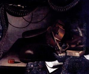 Still Life Of Musical Instruments, Books And Sheet-music, All On A Table Partly Draped With A Carpet by Bartolomeo Bettera