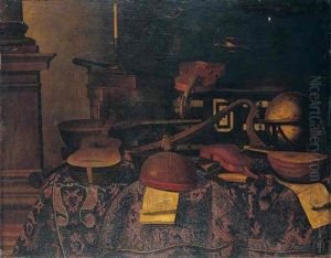 A Still Life Of Musical Instruments With Lutes, Violins, A Guitar, A Harp, Musical Scores, A Celestial Globe, Books, A Candle And Other Objets On A Table Draped With A Carpet by Bartolomeo Bettera