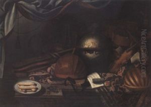 Lutes, A Guitar, A Viol, Violin, A Celestial Globe, A Plate Of Savoiardi, Coins And A Musical Manuscript, On A Marble Table With A Turkish Rug Lutes, A Guitar, A Viol, Violin, A Celestial Globe, A Plate Of Savoiardi, Coins And A Musical Manuscript, On A Marble Table With A Turkish Rug