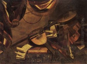 A Theorbo, Lute, Viola, A Violincello And Musical Manuscripts On A Table Draped With A Carpet, Beneath A Curtain