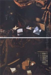 Still Life With Musical Instruments And Other Objects On A Table Draped With An Oriental Rug, Drawn Curtains Above