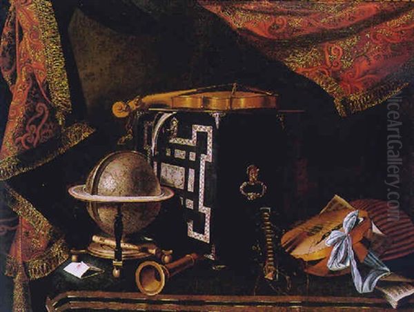 Still Life With Musical Instruments And A Globe On A Table With A Drape Behind - view 1