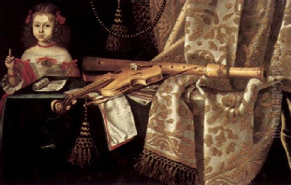 A Girl With A Stil Life Of Musical Instruments And Scores, All On A Table Draped With An Embroidered Curtain - view 1