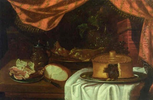 A Stoneware Ewer And Various Foods On A Partially Draped Table - view 1