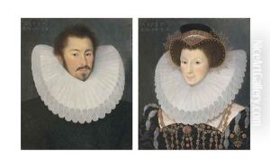 Portrait Of A Gentleman, Bust-length, In A Black Doublet And Cartwheel Ruff; And Portrait Of A Noblewoman, Bust-length, In A Black Jewelled Brocade Gown And Figure-of-eight Ruff by John Bettes the Younger