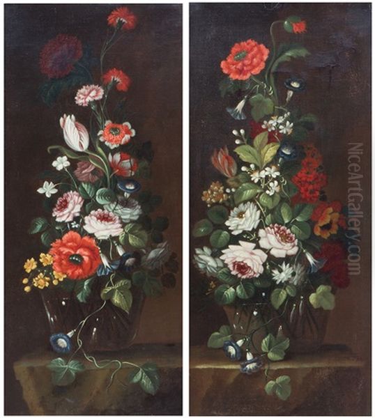 A Still Life Of Flowers In A Glass Vase, A Pair - view 1