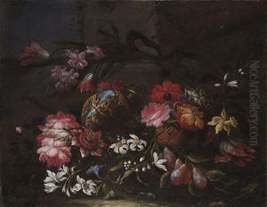 Composizione Di Fiori E Frutta Con Vaso E Cesto Di Vimini by Domenico Bettini