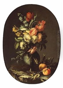 A Still Life Of Flowers In A Vase Along With Two Peaches On A Ledge (+ Another; Pair) by Domenico Bettini