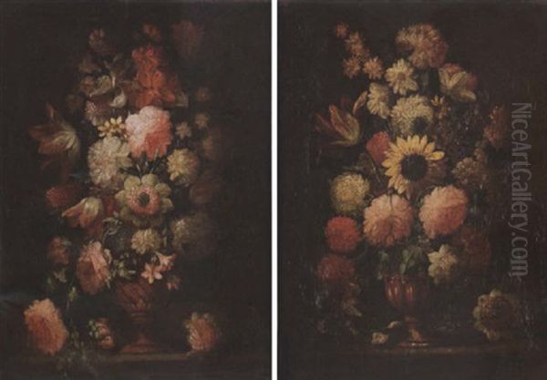 Tulips, Roses, An Iris And Other Flowers In A Bronze Vase On A Stone Ledge - view 1