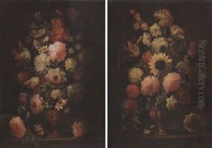 Tulips, Roses, An Iris And Other Flowers In A Bronze Vase On A Stone Ledge