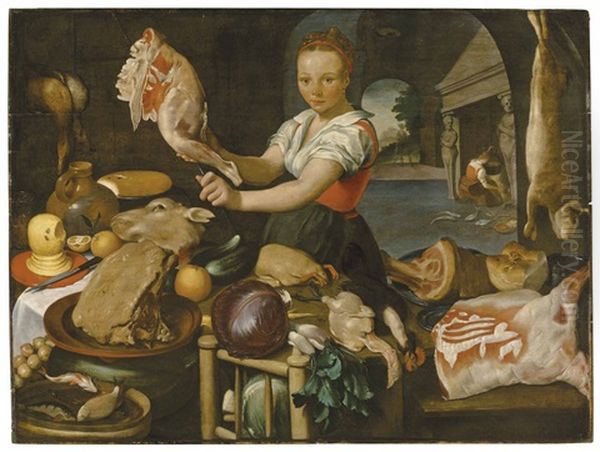 A Kitchen Scene With A Maid Preparing A Joint At A Table Laden With Meat, Fruit And Vegetables, A Landscape Beyond - view 1