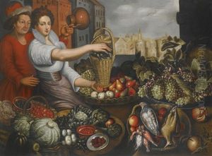 A Market Stall Of Fruit, Vegetables And Game, With A Man Holding A Jug And A Maid Holding A Basket by Joachim Beuckelaer