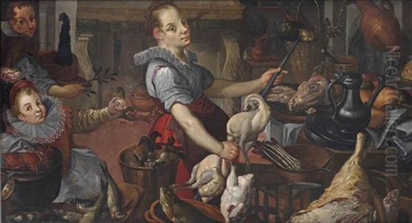 A Kitchen Scene With A Girl And Two Boys Cooking Ducks - view 1