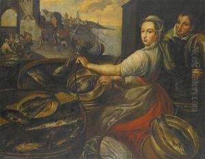 Fish Market Scene With A Man And Woman Sorting Their Display Of Fish And Eel, More Figures Unloading A Boat Moored Beside The Quay by Joachim Beuckelaer