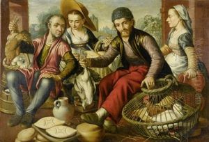Zwei Bauernpaare Mit Vogelvieh Auf Einem Markt
