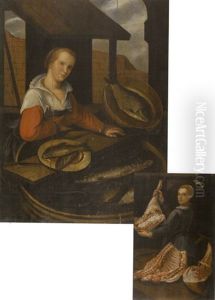 At The Fish Monger (+ At The Butcher; Pair) by Joachim Beuckelaer