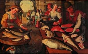 Une Marchande De Poissons Devant Son Etal by Joachim Beuckelaer
