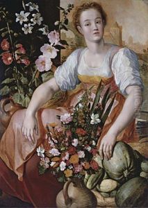 A Market Woman With Flowers And Vegetables by Joachim Beuckelaer