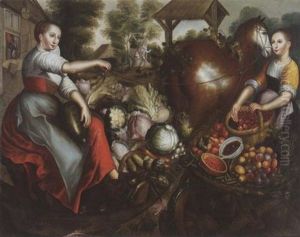 Zwei Marktfrauen Mit Gemuse Und Fruchten by Joachim Beuckelaer