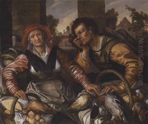 Bauerliches Paar Mit Geflugel- Und Obstkorbe, Im Hintergrund Dorfansicht by Joachim Beuckelaer