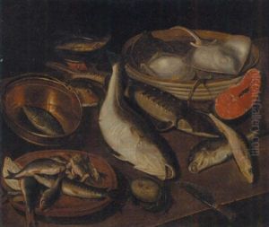 Turbot On A Wooden Dish, Crabs, A Salmon Steak, Haddock And Other Fish On A Strainer by Joachim Beuckelaer
