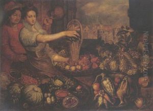 A Market Still Life With Grapes On A Pewter Plate, Pomegranates, Pears And Apples In A Baskets With Birds And A View Of A Town Through A Window by Joachim Beuckelaer