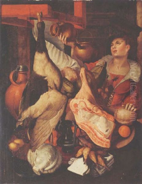 A Kitchen Still Life With A Maid Holding A Jug, Poultry, Meat, Cabbage And Fruit - view 1