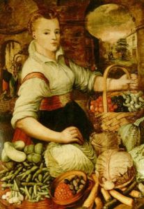 A Young Woman Selling Vegetables And Fruits In Baskets by Joachim Beuckelaer