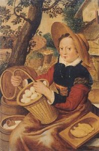 A Peasant Woman Offering Eggs, Butter And Milk At A Stall By A Farm by Joachim Beuckelaer