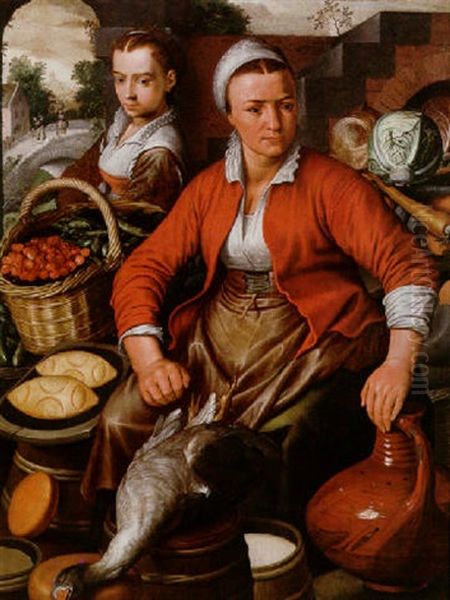 A Young Woman And A Girl With Poultry, Fruit And Vegetables - view 1