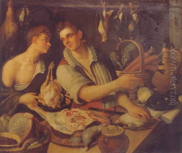 Youths At A Market Stall With Game And Vegetables - view 1