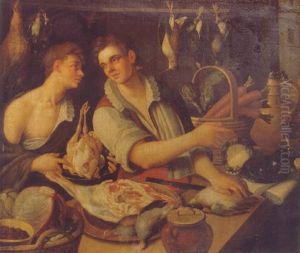 Youths At A Market Stall With Game And Vegetables by Joachim Beuckelaer