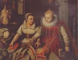 A Lady At A Market Stall Laden With Meat, A Salmon Steak And Vegetables by Joachim Beuckelaer