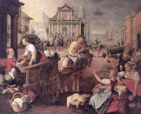 A Market Scene In A Town Square With The Mocking Of Christ In The Background - view 1