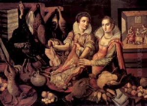 Christ In The House Of Martha And Mary, Two Maidens With A Kitchen Still Life In The Foreground by Joachim Beuckelaer