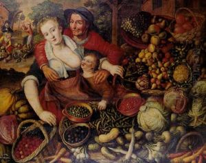 A Peasant Couple Standing By A Market Stall Laden With Fruits And Vegetables by Joachim Beuckelaer