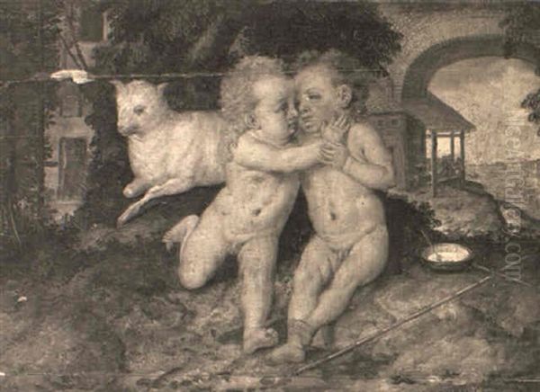 The Infant Christ And Saint John The Baptist Embracing In A Landscape - view 1