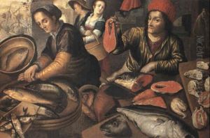 A Fish Stall, With A Fishmonger Holding Up A Salmon Steak by Joachim Beuckelaer