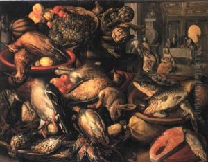 Game, Fish, Fruit And Vegetables In A Larder, Christ With Mary Beyond by Joachim Beuckelaer