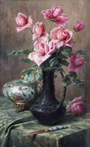 Nature Morte Aux Roses Et Vase En Porcelaine De Canton by Pascal De Beucker
