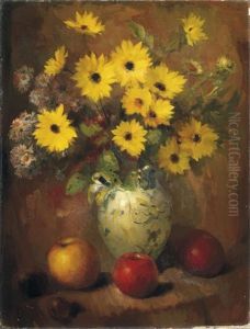 Stilleben. Neben Drei Apfeln Auf Dem Tisch Eine Vase Mit Herbstblumen by Pascal De Beucker
