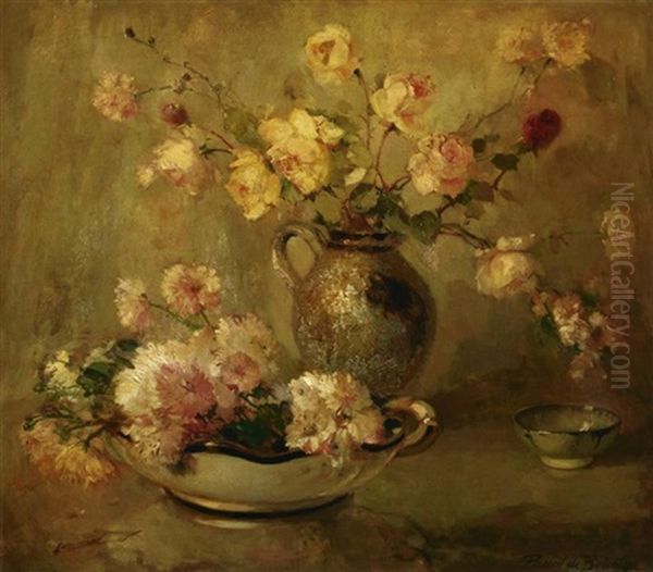 Stilleben Mit Rosen In Einem Tonkrug Sowie Einer Porzellanschale - view 1