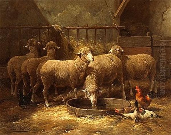 Sheep And Chickens In A Barn - view 1