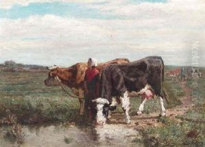 Bauerin Mit Zwei Kuhen An Der Tranke by Frans De Beul