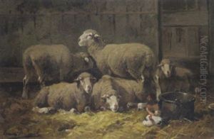 Schafe Und Huhner Im Stall by Frans De Beul