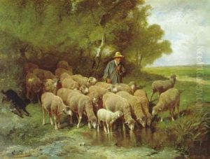 Schaapherder Met Kudde Bij De Drinkplaats by Frans De Beul