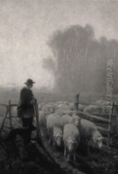 Tending The Flocks: Shepherd And Dog With Sheep - view 1