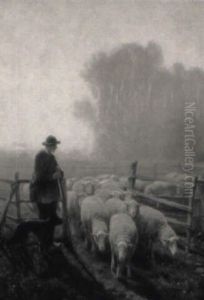 Tending The Flocks: Shepherd And Dog With Sheep by Frans De Beul